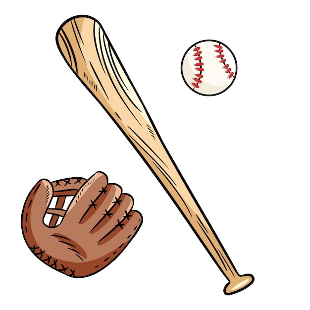 Vector garabatos de pelota de béisbol, gorra y murciélago dibujados a mano