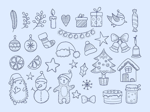 Garabatos de temporada de invierno. año nuevo feliz navidad colección copos de nieve animales ropa regalos divertidos elementos dibujados a mano para la celebración. guirnalda de navidad y erizo, muñeco de nieve y oso doodle ilustración