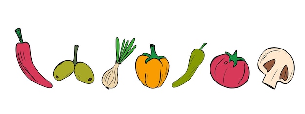 Vector garabatos de verduras de colores. ilustración vectorial dibujada a mano