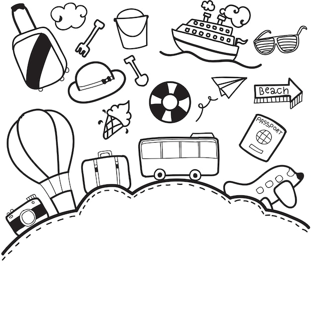 Garabatos de viaje de vacaciones con diseño de vector de cuadro de texto