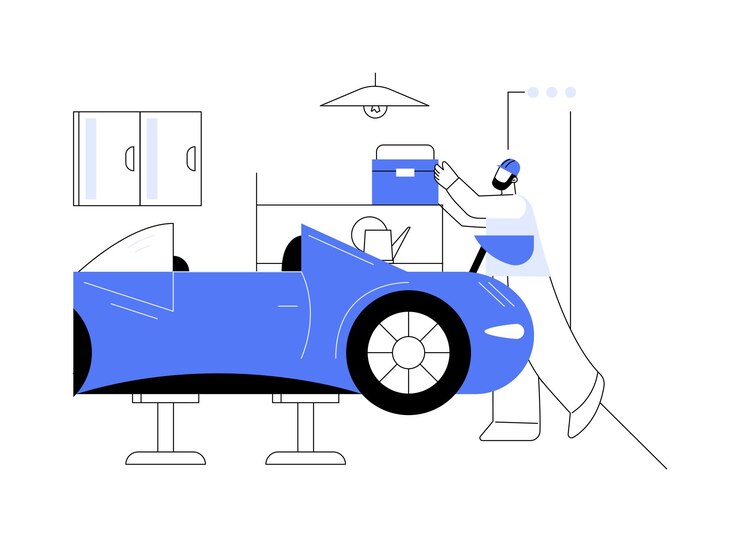 Vector garage de ajuste de automóviles concepto abstracto ilustración vectorial reparador personalizar el transporte deportivo en el garaje