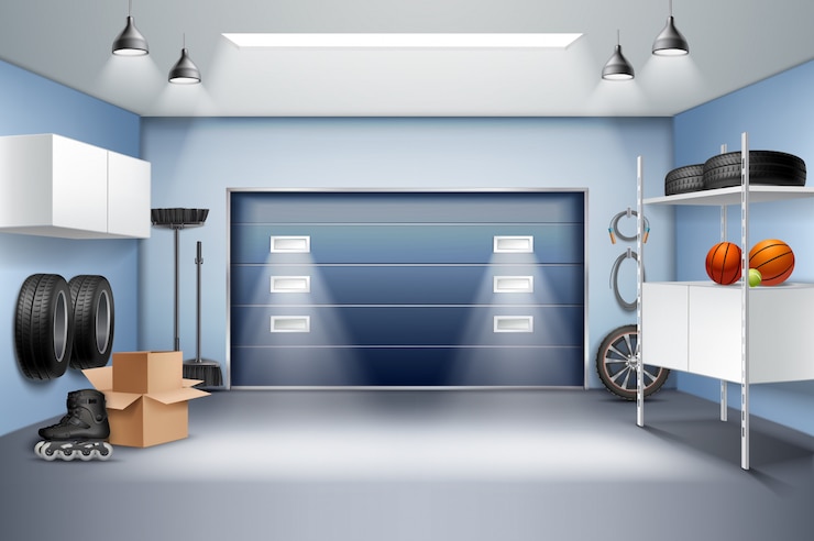 Vector garaje espacioso moderno composición realista interior con gabinetes de almacenamiento bastidores patines ruedas neumáticos puerta corredera ilustración vectorial