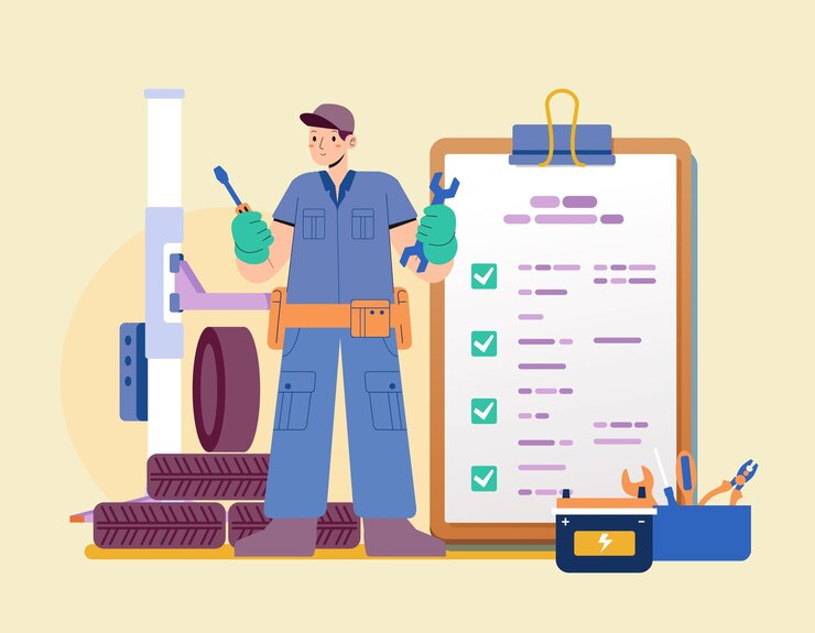 Vector garaje mecánico con lista de verificación marcada en el portapapeles finalización exitosa de tareas de trabajo ilustración de vector plano