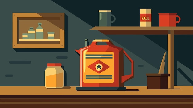 Vector en un garaje polvoriento una lata de aceite vintage se exhibe en un estante un remanente nostálgico de una época pasada