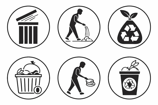 Garbage and recycling icons showing waste disposal