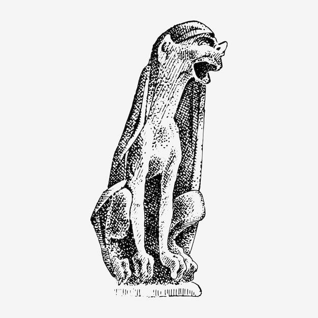 Gargoyle Chimera de NotreDame de Paris grabado ilustración vectorial dibujada a mano con guardianes góticos incluye elementos arquitectónicos estatua vintage medieval
