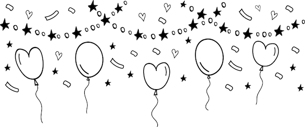 Garlandas de Doodle con estrellas, globos, corazones y serpentinas en un fondo transparente