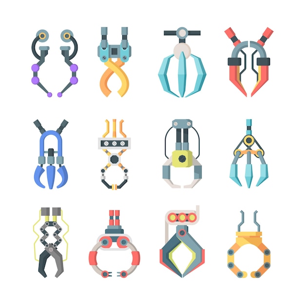 Garras robóticas agarra un conjunto grande. Mecanismos tecnológicos para la transferencia de mercancías a escala industrial, ganchos de juegos de arcade para premios, elementos de equipos para un trabajo preciso, diversión, juegos de azar, entretenimiento.