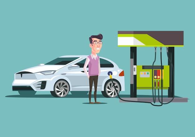 Gasolinera y carácter de hombre consumidor sonriente feliz. Ilustración de dibujos animados plano de vector