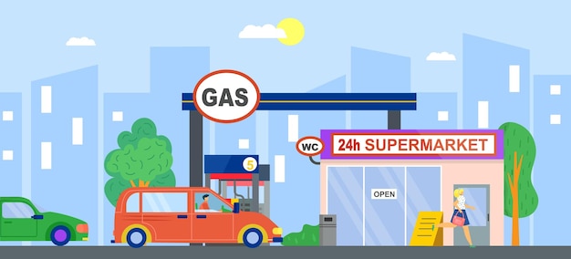 Gasolinera combustible gasolina para ilustración de vector de coche Servicio plano con bomba de energía de aceite de gasolina para transporte Industria de recarga de diesel de dibujos animados