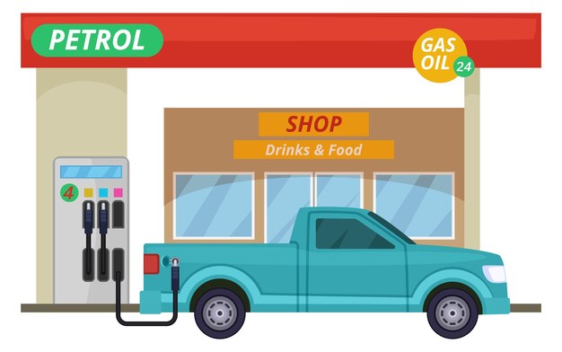 Vector gasolinera con fachada de tienda y reabastecimiento de combustible de automóviles aislado sobre fondo blanco.