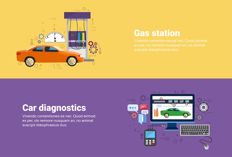 Vector gasolinera de gas, servicio de diagnóstico de computadora del coche mecánica de automóviles negocio web banner flat vector