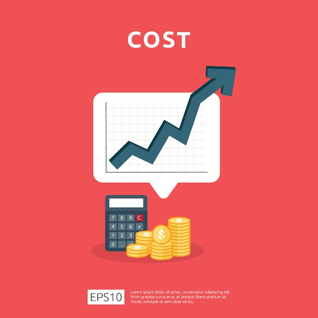 El gasto en honorarios aumenta con la flecha que se eleva en el diagrama de crecimiento. concepto de reducción de efectivo de negocios. progreso del crecimiento de la inversión con la ilustración de la calculadora.