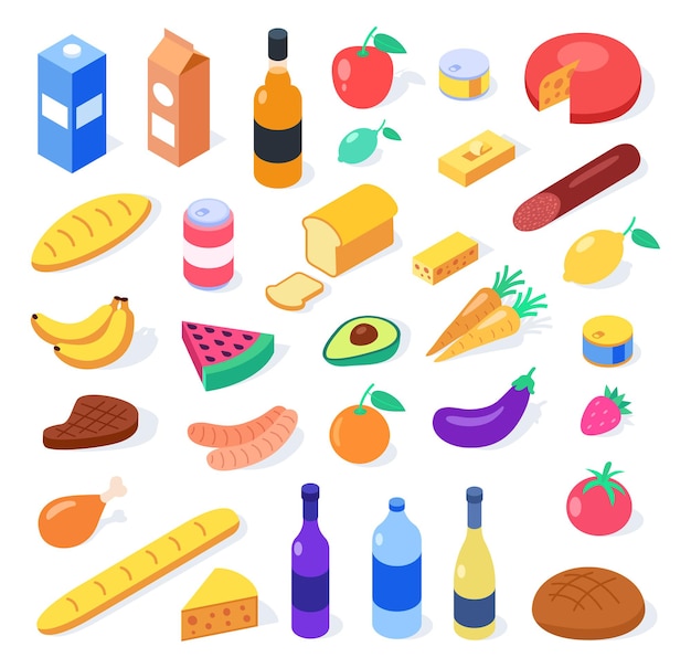 Gastronomía ambientada en estilo isométrico. Alimentos y bebidas aislados