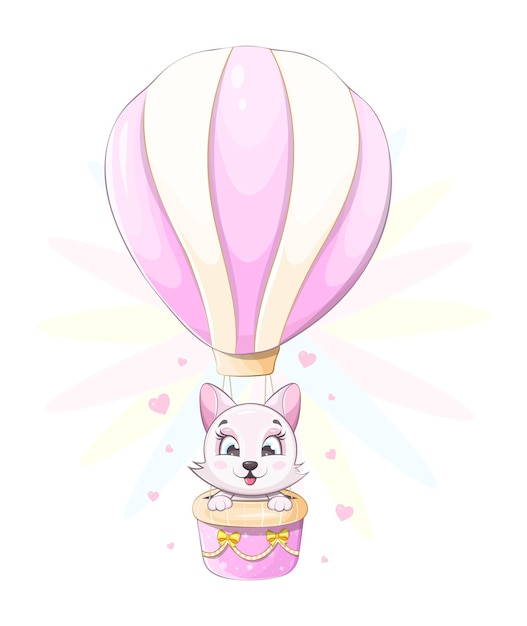 Gatito alegre y lindo está volando en un globo de aire caliente