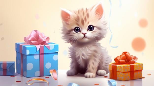 Vector un gatito con una caja de regalos y una cava de regalos