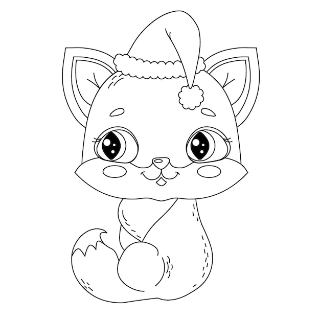 Gatito para colorear para niños Navidad sentado en un sombrero de Santa Ilustración vectorial para niños para la habitación de los niños póster textil postal libro para colorear