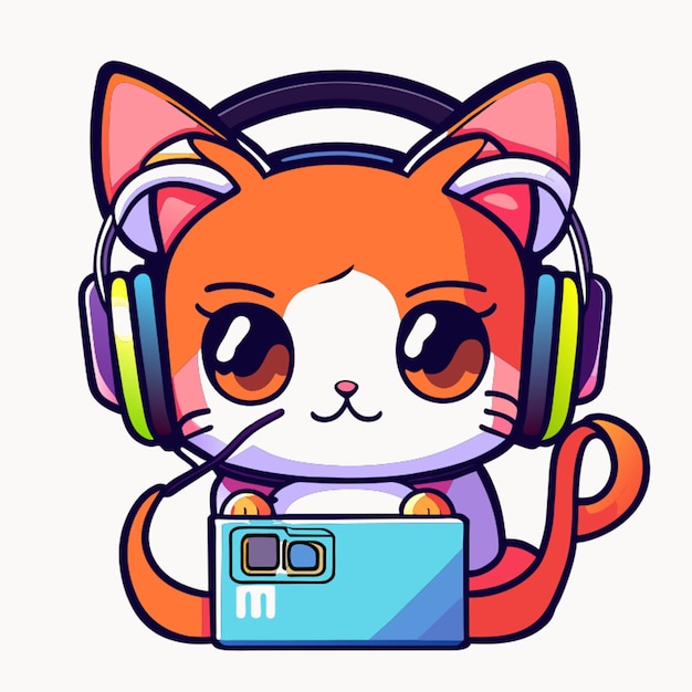 Vector gatito escuchando música con auriculares en la ilustración vectorial