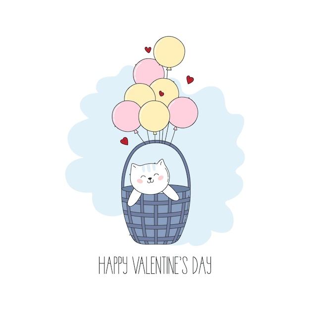 Gatito de ilustración de dibujos animados lindo con corazones rojos y globos para el día de san valentín