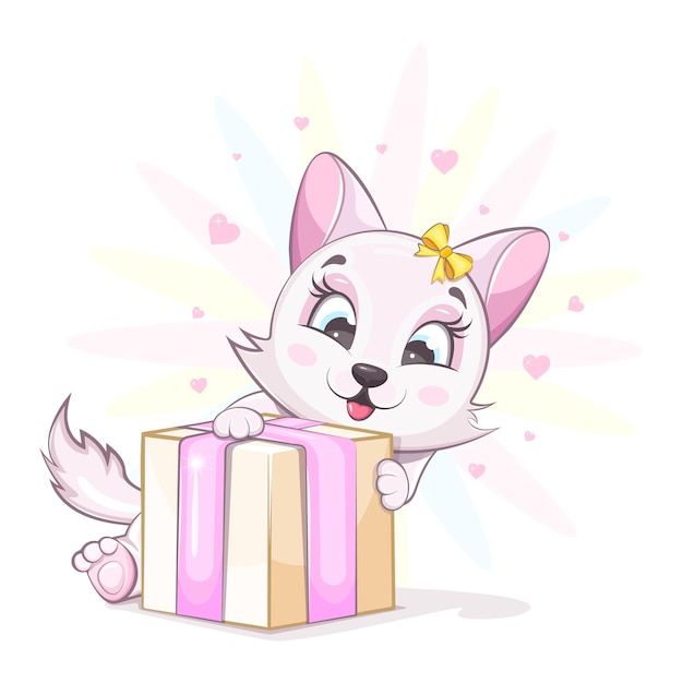 Gatito lindo y alegre con un lazo tiene un regalo