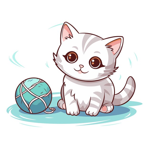 Vector un gatito lindo jugando con una bola de hilo