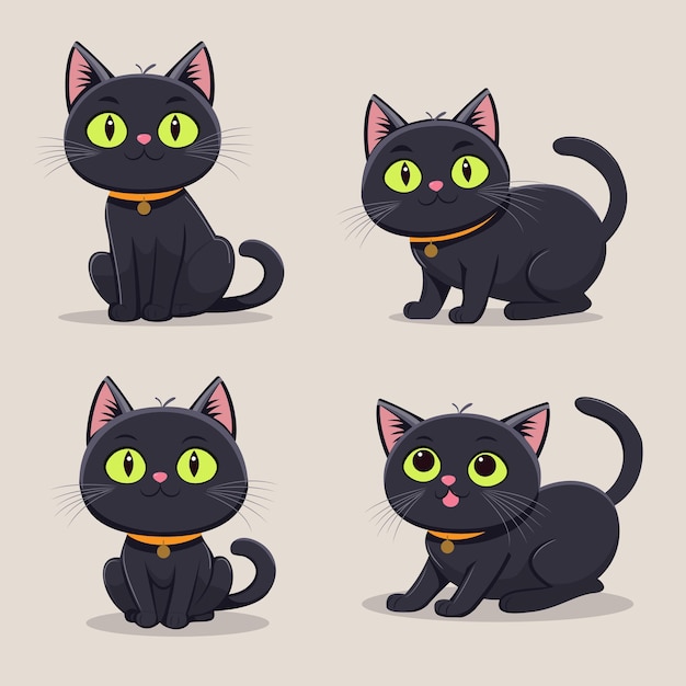 El gatito negro de dibujos animados en diferentes poses