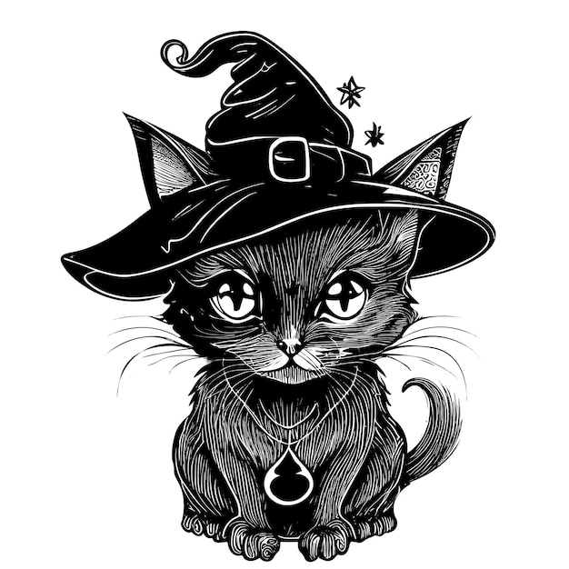 Vector gatito negro en una ilustración de vector de boceto dibujado a mano de sombrero de bruja