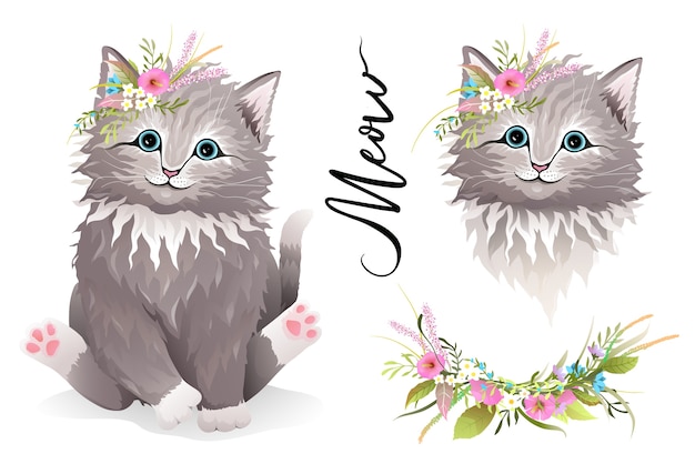 Gatito o gato con flores en la cabeza y colección de imágenes prediseñadas de diseñador. Dibujado a mano realista vector animal lindo para niños y adultos camiseta estampada y otro diseño. Estilo acuarela.