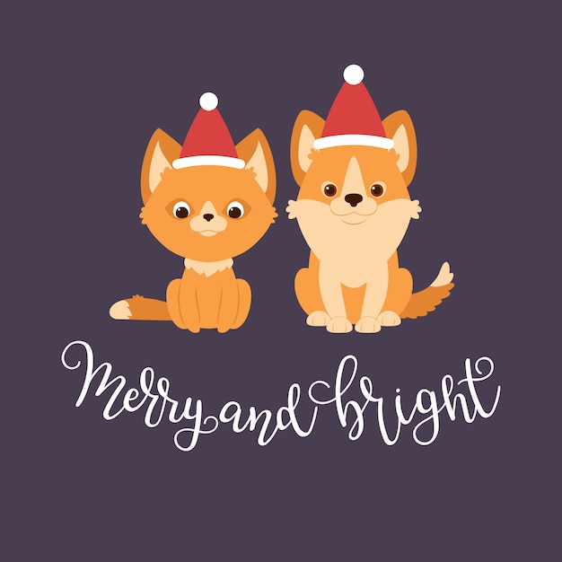 Vector gatito rojo y perrito del corgi galés en sombreros de la navidad.