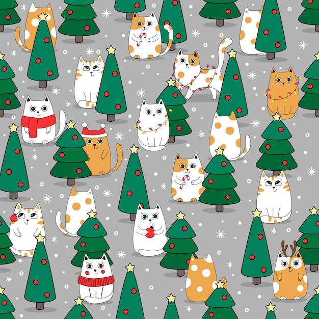 Gatitos lindos de fondo de patrones sin fisuras de navidad en la nieve para el invierno estilo doodle