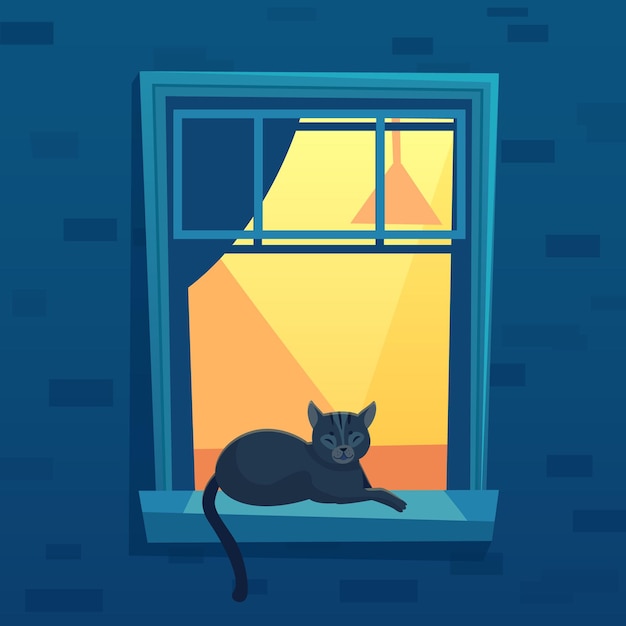 Gato acostado en la ventana abierta del apartamento de la ciudad iluminada por la noche. Personaje de gatito negro que descansa en el alféizar de la ventana con interior abstracto y cortinas, ilustración de vector de dibujos animados de escena nocturna