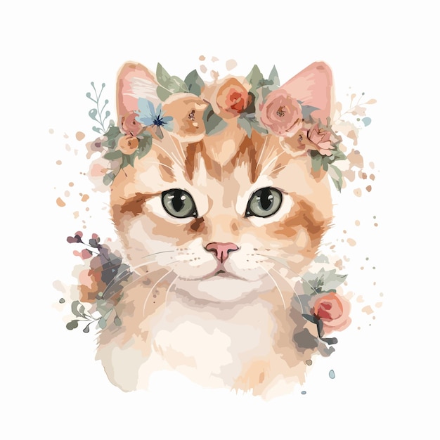 gato de acuarela con flores ilustración de un animal lindo