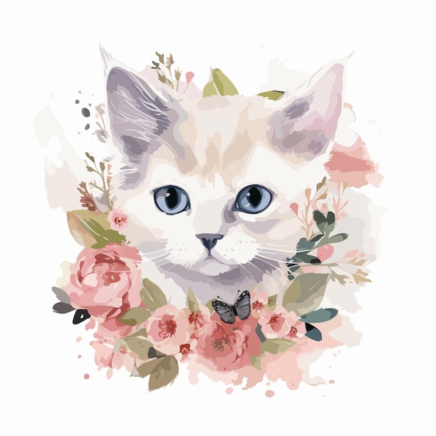 Gato de acuarela con flores ilustración de un animal lindo