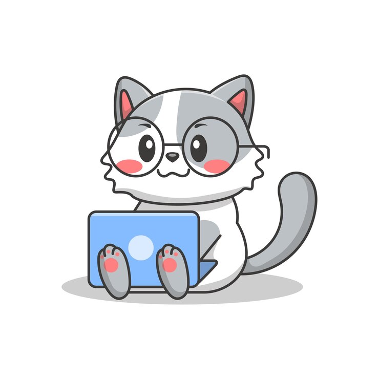 Gato adorable jugando en la computadora portátil mientras se relaja Ilustración vectorial