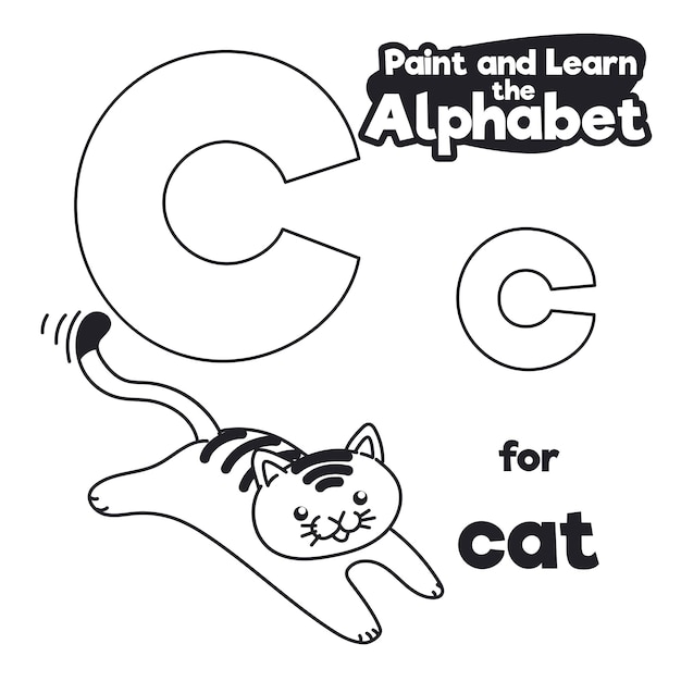 Gato ágil moviendo su cola listo para colorearlo en alfabeto didáctico con letra C para fácil aprendizaje