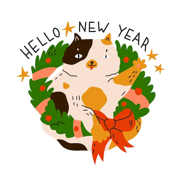 El gato agita su pata a través de la corona de navidad hola cita de año nuevo pegatina de año nuevo con gato divertido tarjeta de felicitación para fiesta estilo plano en ilustración vectorial objeto aislado
