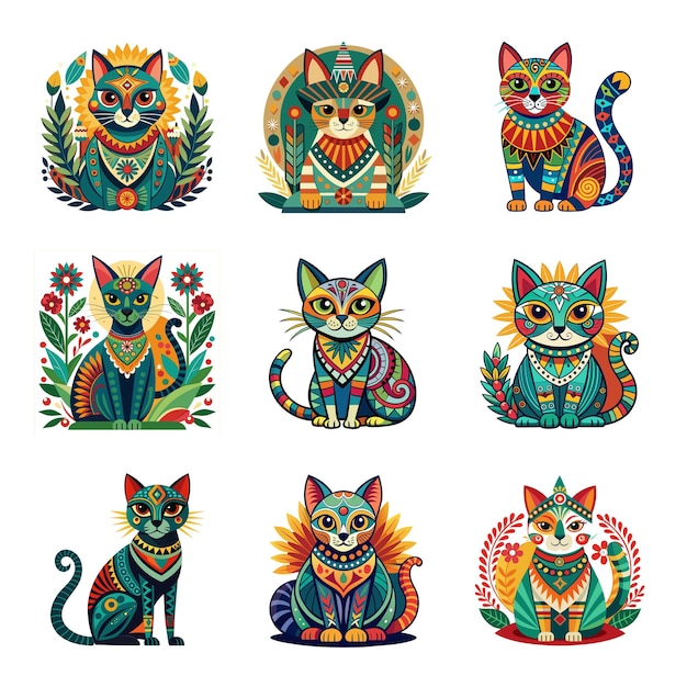 Vector gato al estilo mexicano para el diseño de pegatinas de camiseta