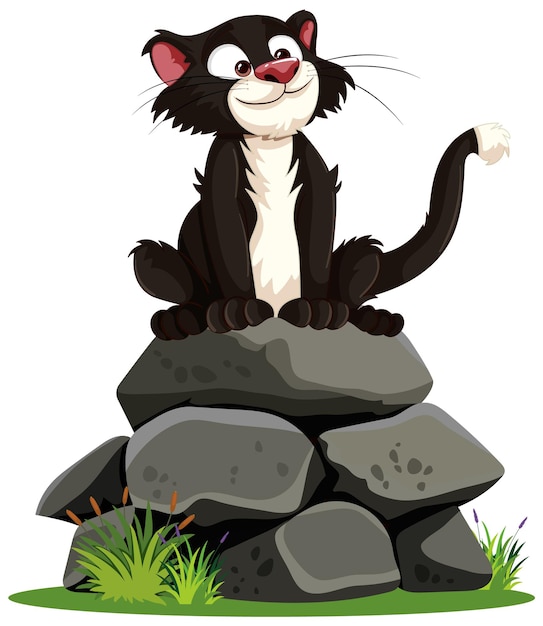 Gato alegre sentado en una pila de rocas