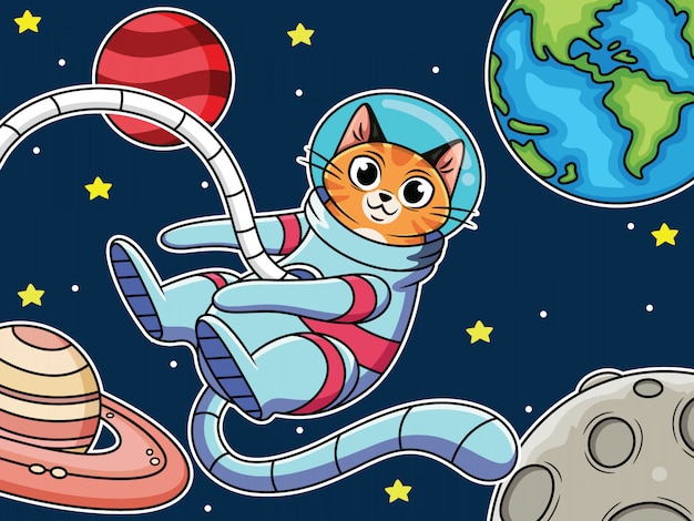 Gato astronauta de dibujos animados volando en el espacio con expresión linda