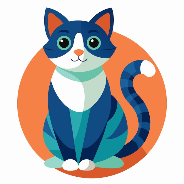 un gato azul y blanco con una cola a rayas azules se sienta en un círculo naranja