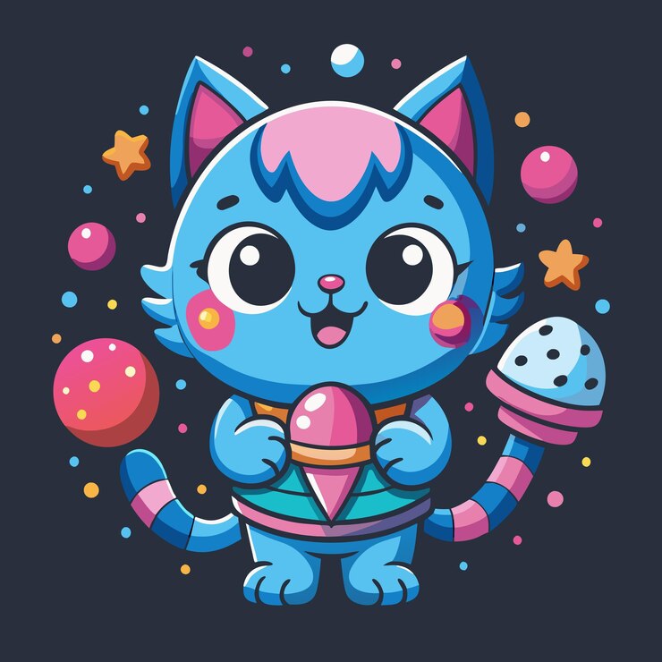 Vector un gato azul con un cono de helado y un gato azul con una tapa rosa
