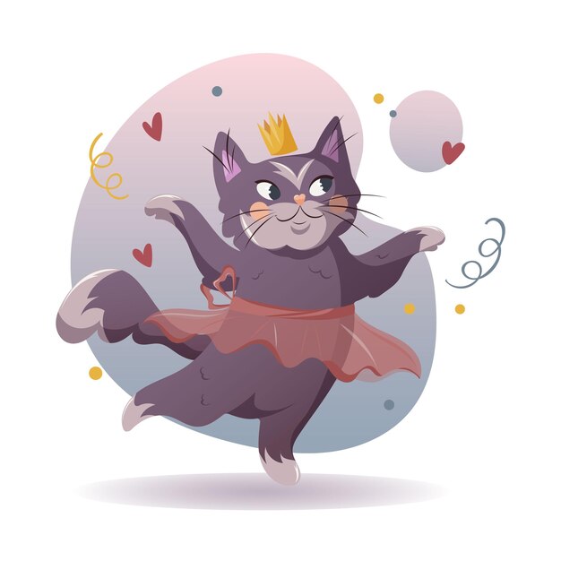 Un gato bailando en un tutu y una corona ilustración vectorial en estilo de dibujos animados