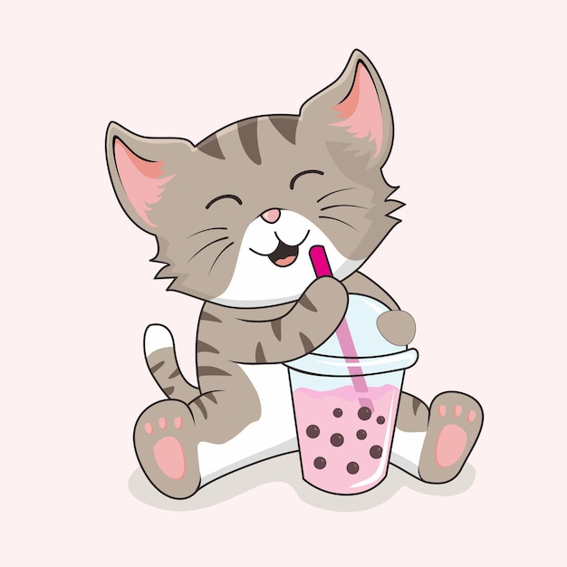 Gato beber té de burbujas boba aislado en rosa