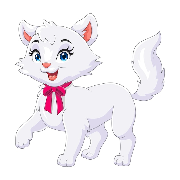 Gato blanco divertido de dibujos animados aislado sobre fondo blanco