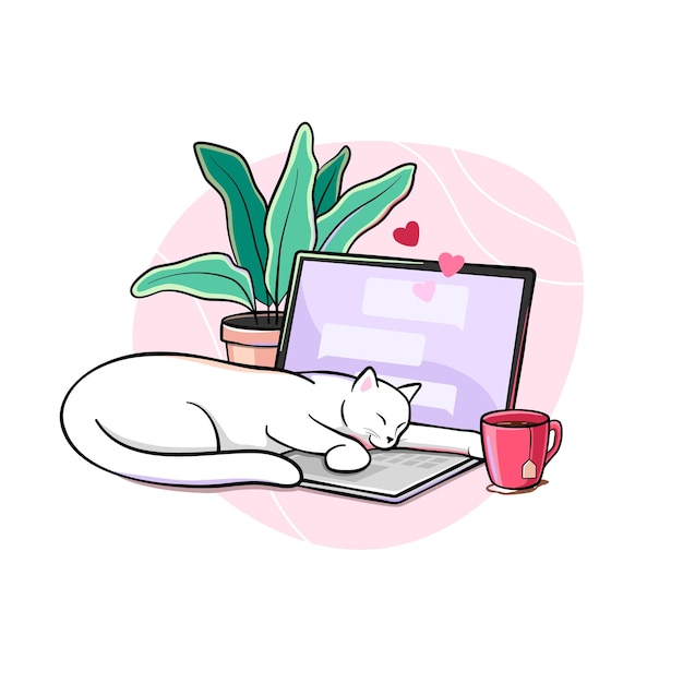 Gato blanco durmiendo en un teclado portátil con una maceta y una taza de té cerca