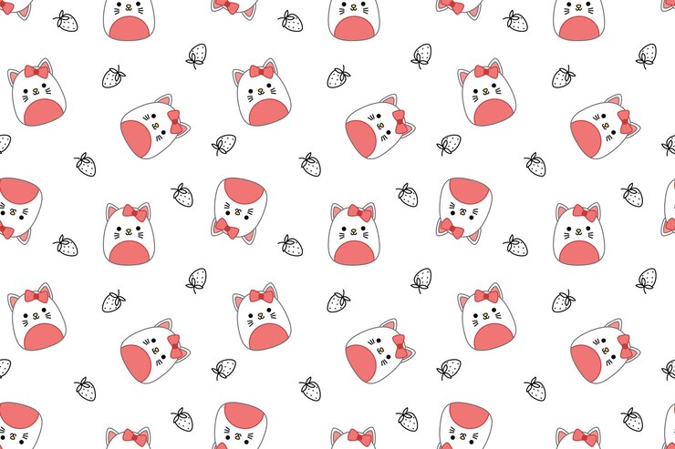 Vector gato blanco y fresa en patrón sin costuras squishmallow cat kawaii vector ilustración vectorial aislada eps 10