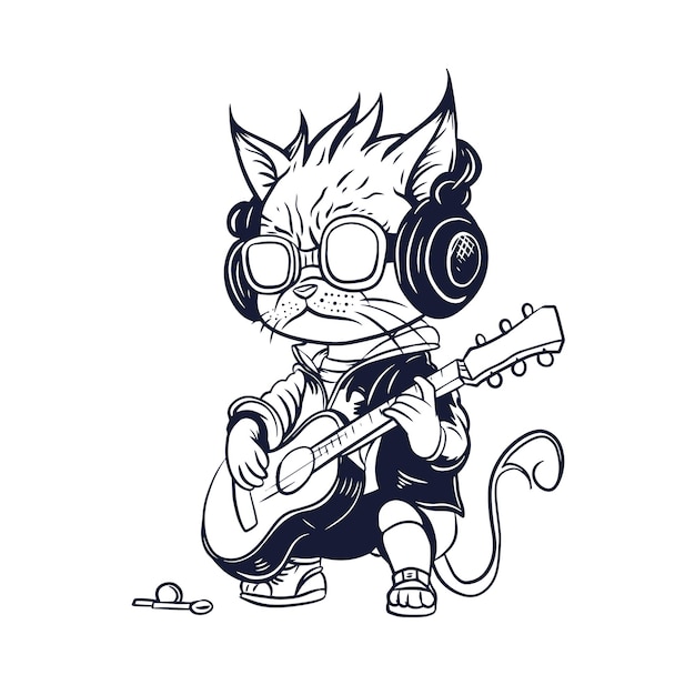 Vector gato blanco con guitarra y guitarra