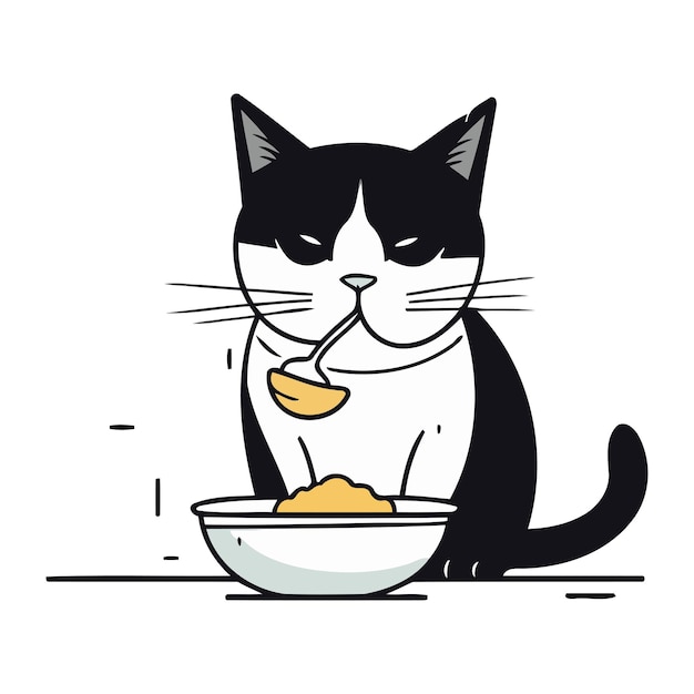 Gato blanco y negro comiendo comida de un cuenco Ilustración vectorial