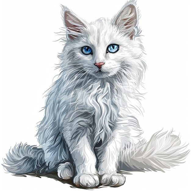 Gato blanco con ojos azules sobre un fondo blanco ilustración vectorial