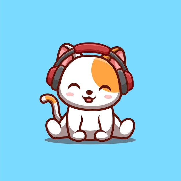 Gato blanco sentado escuchando música Cute Creative Kawaii Cartoon Mascot Logo